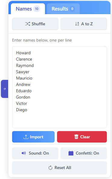control panel for Wheel Of Names